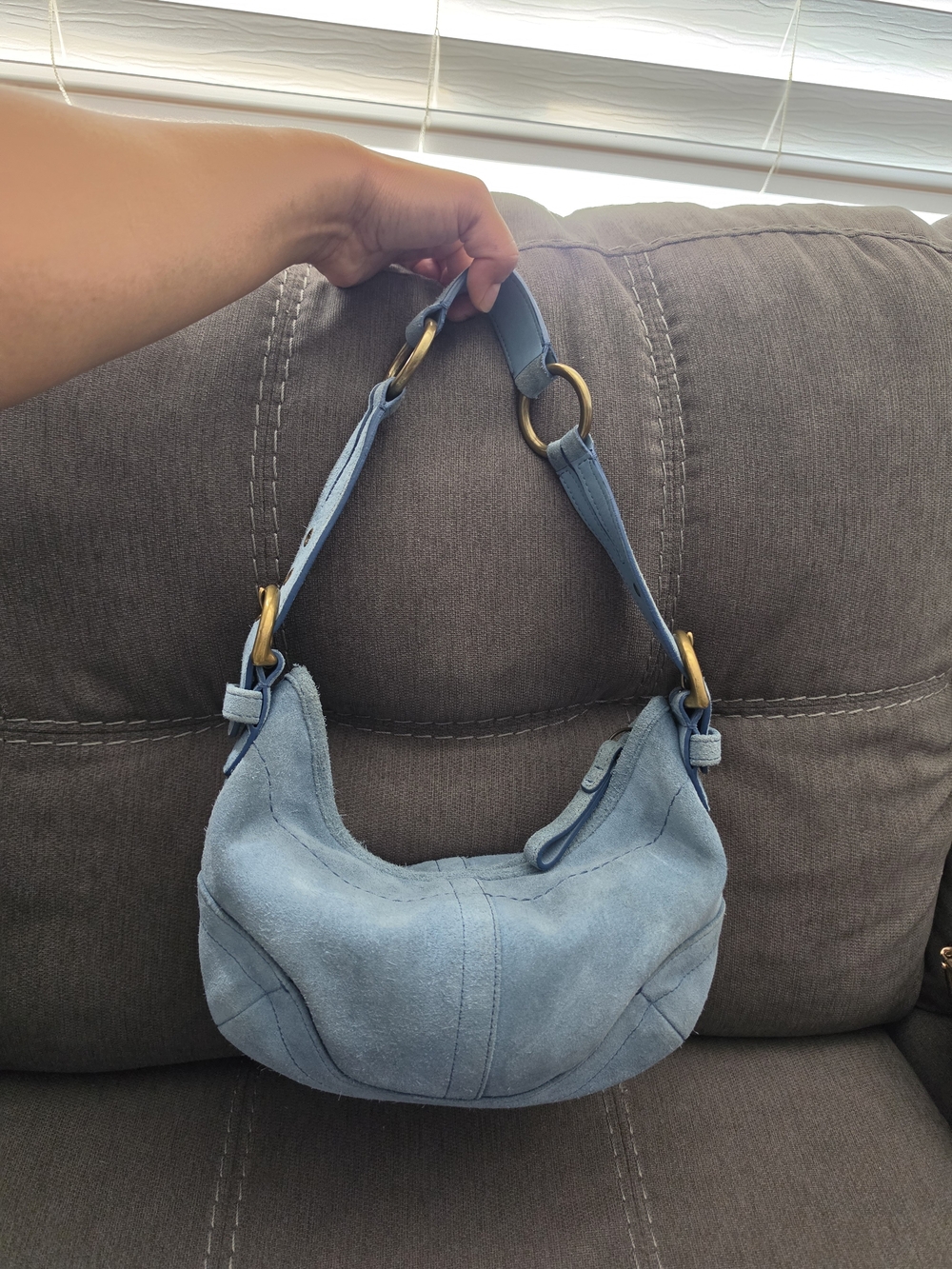 Coach Blue Suede Shoulder Bag with Brass Ring Accents - Unbranded